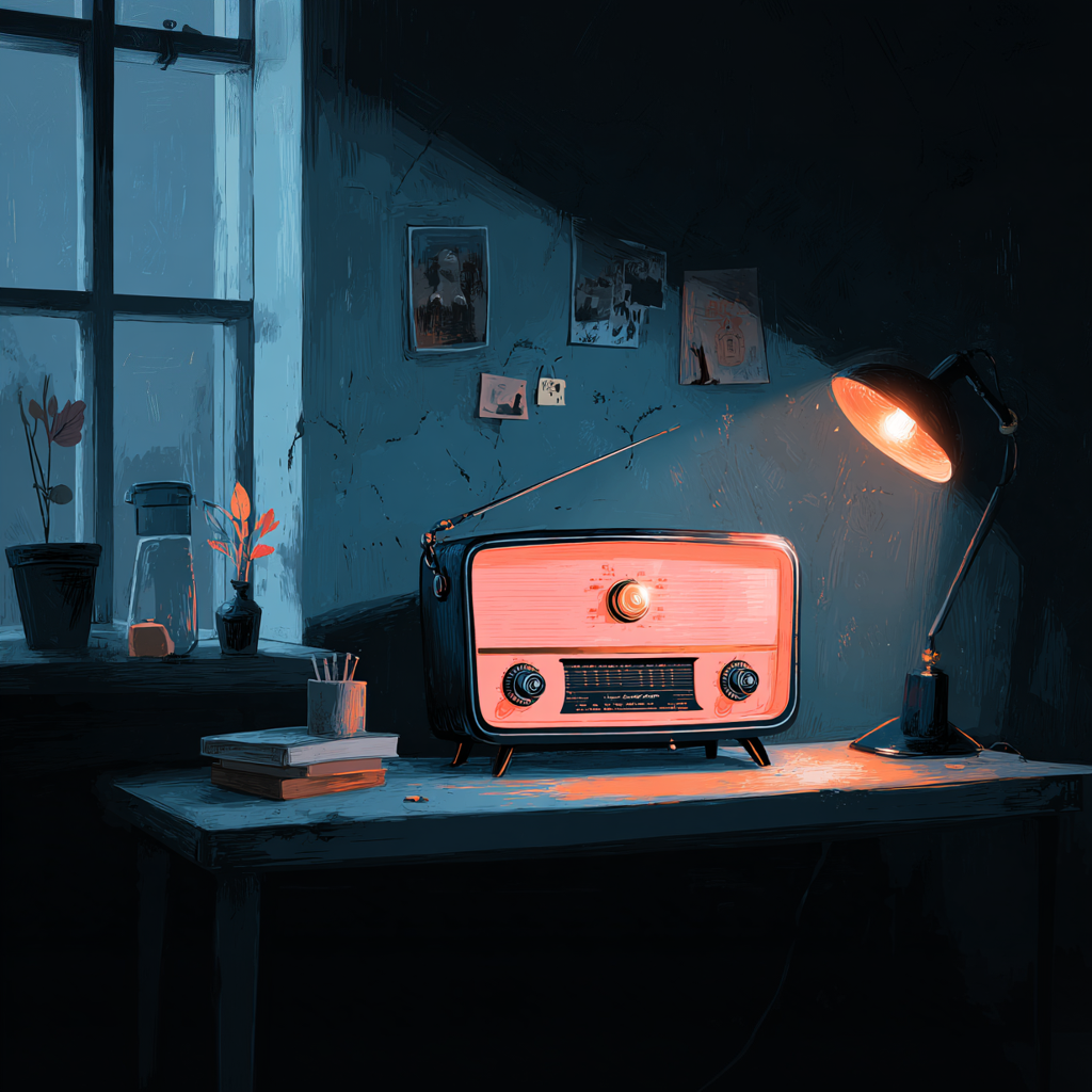A vintage 50's radio. Sitting on a desk, with a single desk lamp.