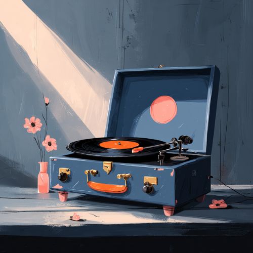 A vintage record player in blue and pink.
