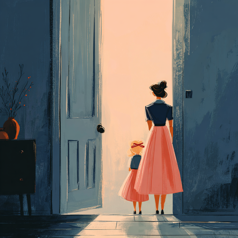 A mother and daughter stand by a front doorway in the morning light.