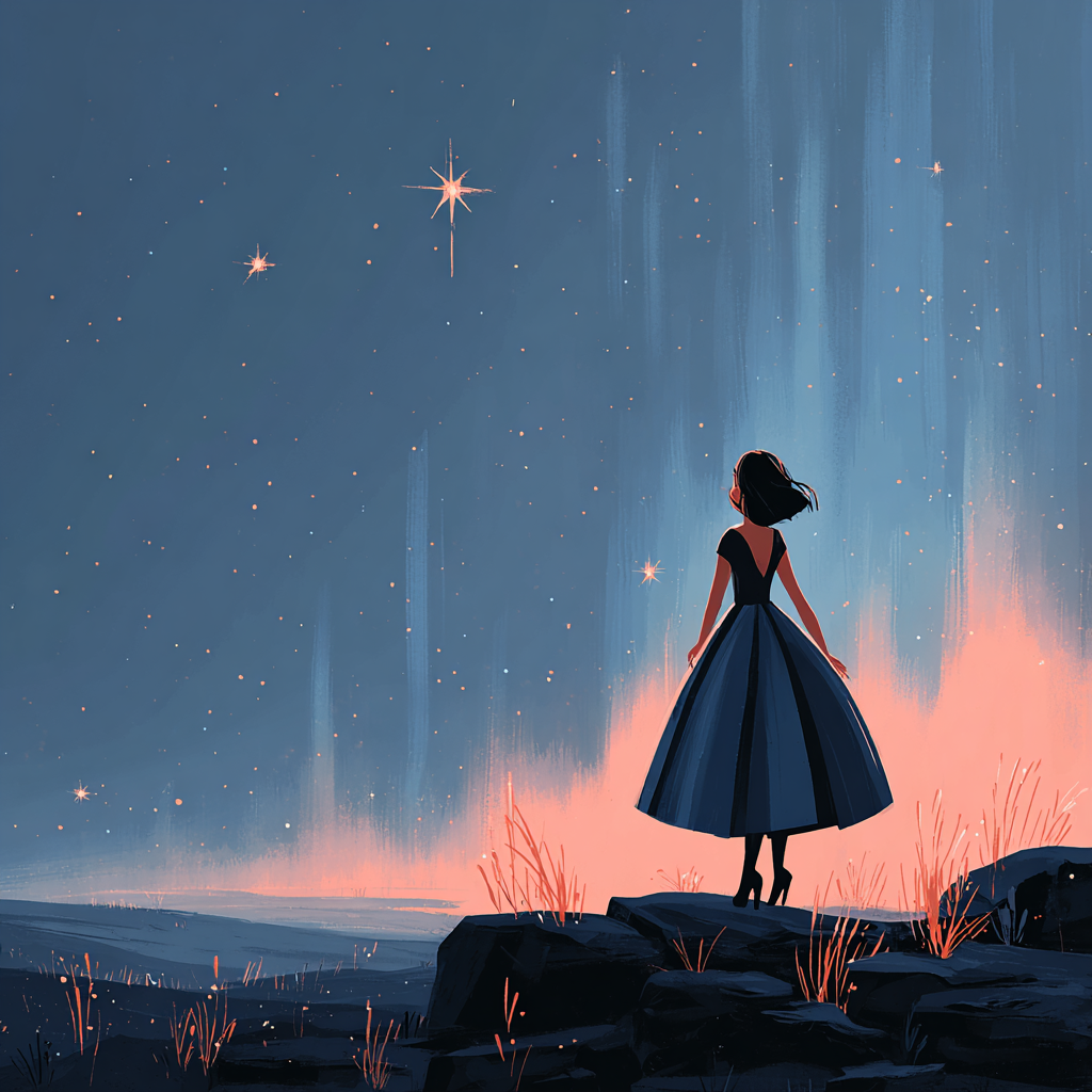 A woman stands on a hill in a 1950s style dress, she gazes at the North Star