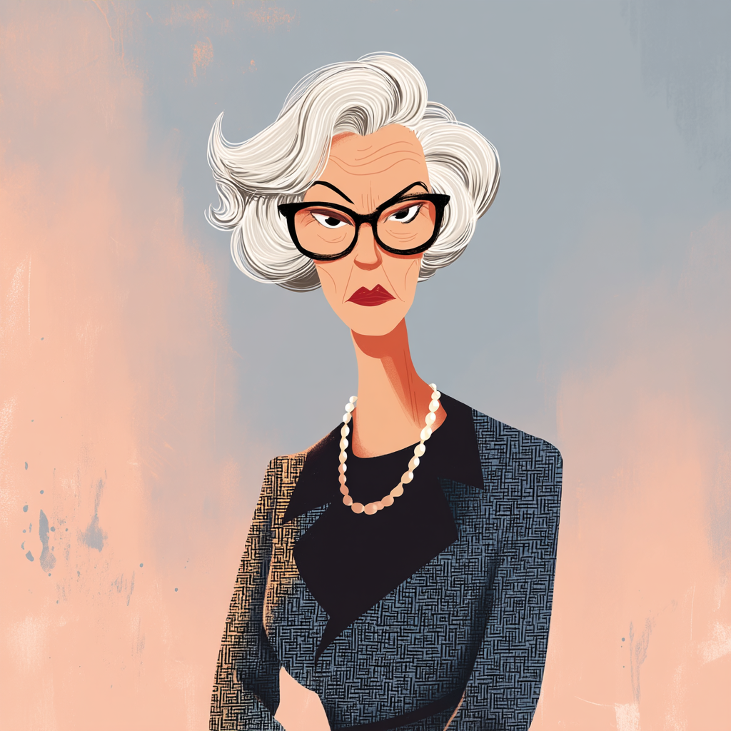 Meet the In-Between. A woman in her 80's looking stern. She is wearing a houndstooth suit, has short silver hair and is wearing lipstick. Her right eyebrow is raised.
