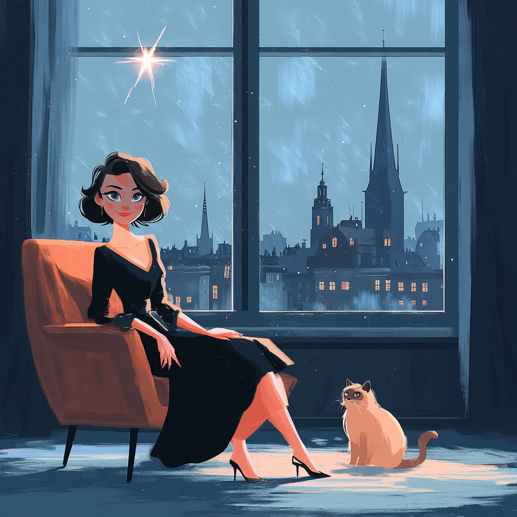 About Katy Hetherington. Vintage-style illustration of Katy sitting in an armchair with a Stockholm city scene can be seen outside of the window. In the night sky you can see a North Star. She has a ragdoll cat by her feet.