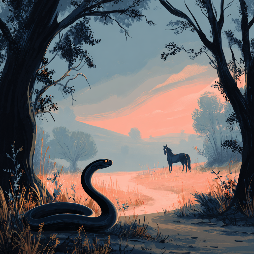 A snake appears in the foreground of a forest scene. A Horse is standing in the distance. We are still in the Year of the Snake. The Horse will take over soon.
