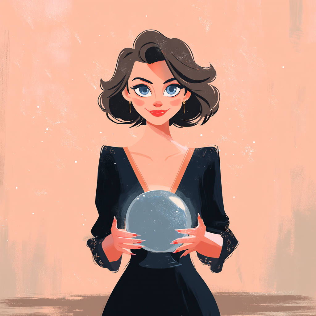 A vintage image of North Star Intuitive Sessions creator, Katy, wearing a dark dress, holding a crystal ball.