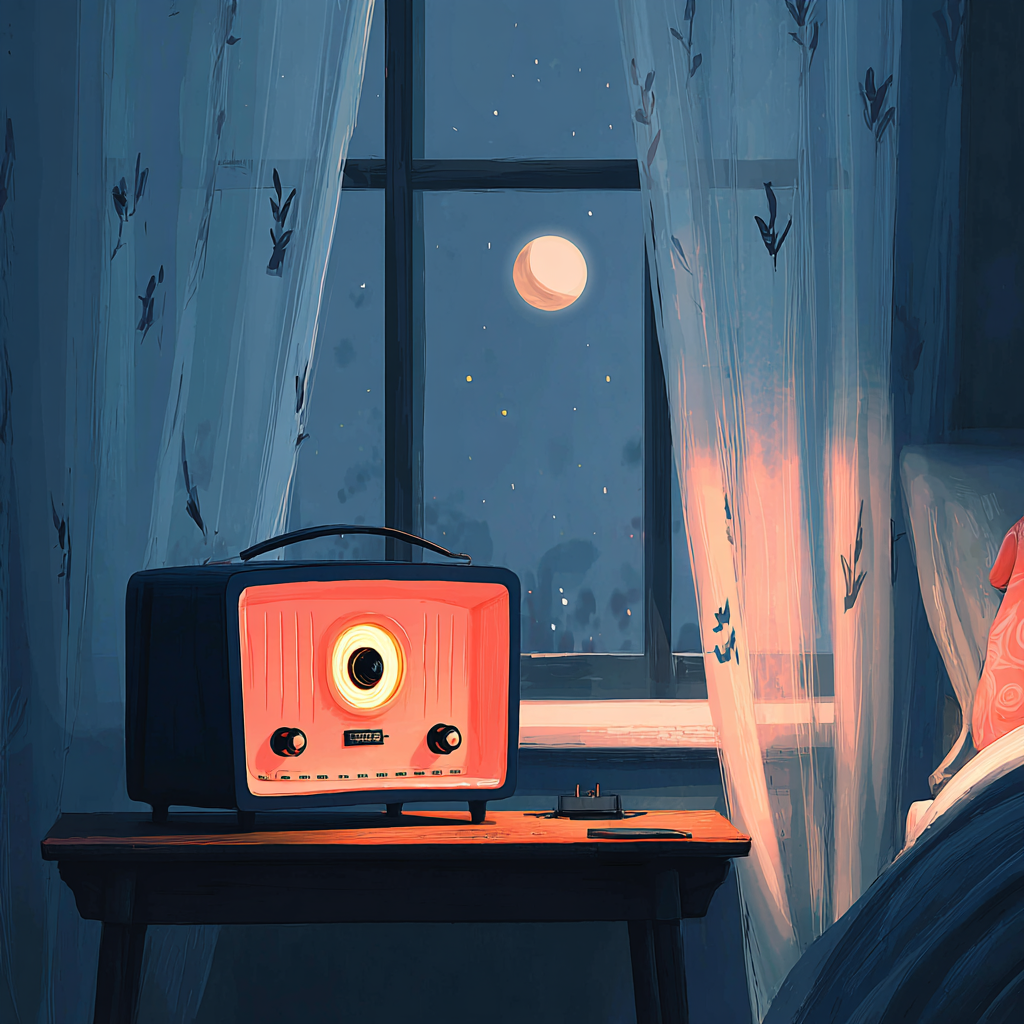 A retro radio sits on a side table next to a bed. In the background is a window, a full moon glows against a clear starry night sky. 